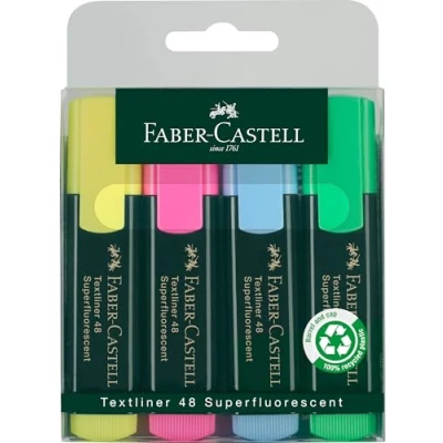 Image de Faber Castell 154804 Set de surligneurs TL 48, étui 4 pièces, couleurs néon, pointe biseautée longue durée, largeur trait 1 5 mm, rechargeable