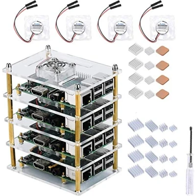 Image de GeeekPi Raspberry Pi 4 Boîtier avec Ventilateur et Dissipateur, Rack Couches en Acrylique Stackable Cluster pour 3/2 modèle B