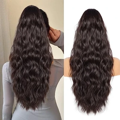 Image de Extensions de cheveux synthétiques longs et ondulés Pour queue cheval 66 cm femme Doux naturel avec cordon serrage Brun foncé un léger lustre auburn