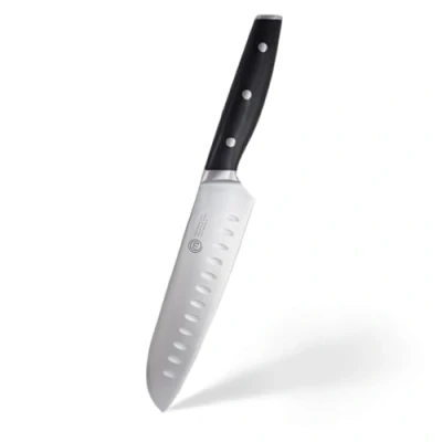 Image de MasterChef Couteau Santoku Professionnelle, Acier Inox à Haute Teneur en Carbone, Triple Poignée Rivetée, Pleine Soie avec Mitre, Lame de 18 cm