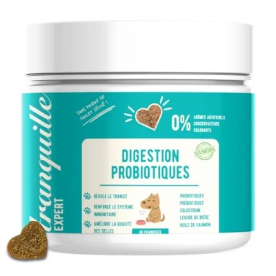 Image de Tranquille Expert Digestion Friandises Probiotiques pour Chiens, Complément Alimentaire avec des FOS Prébiotiques, de l&#039;huile Saumon et la levure bière. 60 friandises.