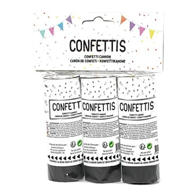 Image de Cotillons d&#039;Alsace 3 CANONS À CONFETTIS Papier Soie 11CM Noir Argent