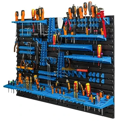 Image de Étagere a outils 117 x 78 cm avec Porte outils, crochets main, support systeme de rangement en bleu, garage, atelier, banc travail, marteau, tournevis, tenailles, imbus, cles