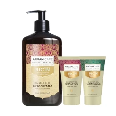 Image de ARGANICARE Gamme Ricin Shampoing Accélérateur de croissance 400 ml+Shampoing 50 ml+Masque ml À l’huile Bio Soin pour cheveux Nourrit Renforce Hydrate Tous types