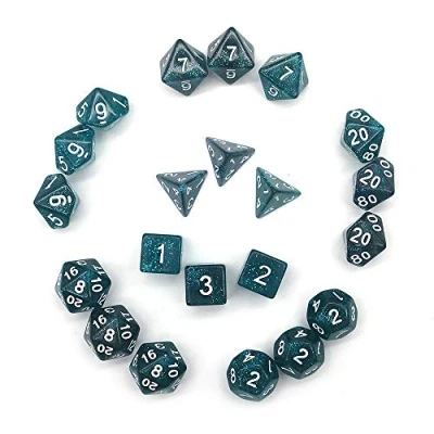 Image de Fasizi Lot de 3 dés polyédriques à paillettes pour jeux table, x 7 (21 pièces) Série D20 D12 D10 D8 D6 D4 DND RPG MTG Double couleur (bleu)
