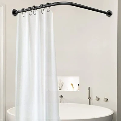 Image de Tringle Douche angle reglable, Barre Rideau Extensible sans Percage, Support à Rideaux de Arquée en Acier Inoxydable, Arrondie Forme U, Noir Mat (Size:9