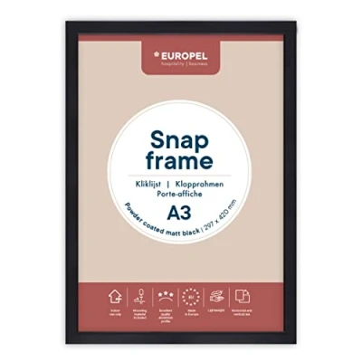 Image de Europel Cadre Porte affiche clic clac léger A3, finition noire mate et poudrée, Profil 25x11 mm, Aluminium anodisé protecteur anti reflet, Dimensions extérieures 328x451 Dos polystyrène gris