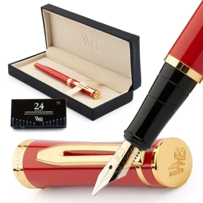 Image de Wordsworth &amp; Black Ensemble Stylo Plume, Pointe Large Dorée 18 Carats, Comprend 24 Cartouches D&#039;encre, Convertisseur De Recharge D&#039;encre Et Coffret Cadeau, Finition Calligraphie [Rouge Cramoisi]