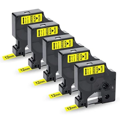 Image de UniPlus Ruban pour Étiqueteuse Compatible Dymo 45018 S0720580 Noir sur Jaune LabelManager LM 100 120P 150 160 200 210D 220P 260P 280 350D 360D 400 420P 450 DUO, 12mm x 7m (Pack de 5)