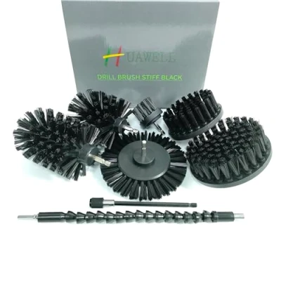 Image de HUAWELL Lot de 8 brosses nettoyage ultra rigides pour perceuse Avec kit fixation extensible Tout usage surfaces salle bain, coulis, fumoirs, grils, sol, carrelage et eau dure Noires