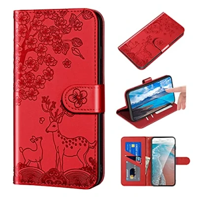 Image de Bartern Coque Apple iPhone SE 2020/SE 2022 Rabat,Housse 7/8,Wapiti(Cerf) et Fleurs Clapet Folio Etui avec Fonction Support Porte Carte,Elk Cuir PU Portefeuille Flip Cover Case.Rouge