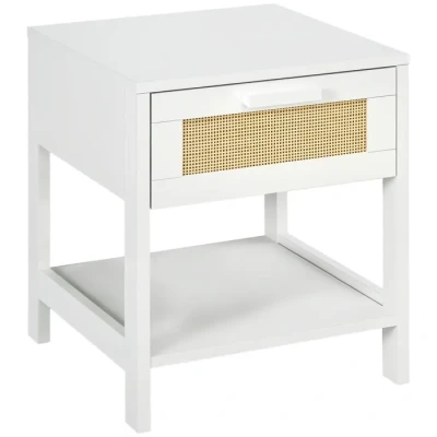 Image de HOMCOM Table de Chevet Nuit avec tiroir et étagère, cannage en rotin, dim. 40l x 48H cm Blanc