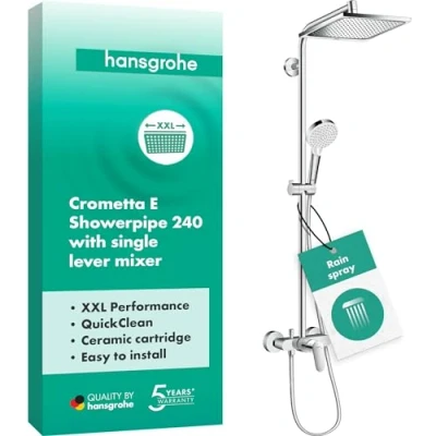 Image de hansgrohe Crometta E Colonne de douche avec mitigeur mecanique, pluie (240 x 240 mm) robinet, douchette, support, flexible douche, barre et tête carrée, Chromé, 27284000