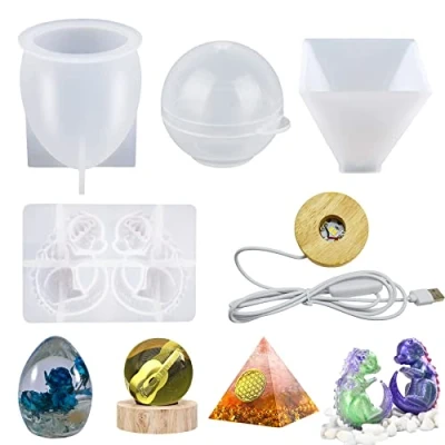 Image de Yayatty 5 PCS Moule en Silicone Epoxy, 3D Dragons et Dragon Oeuf Résine Moules Sphère Resine, Pyramidale avec Support de Lampe pour Art