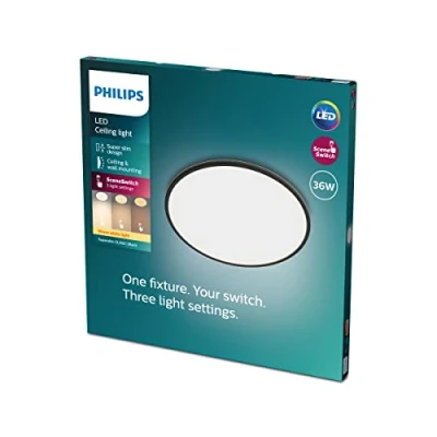 Image de PHILIPS Plafonnier rond à panneau LED SceneSwitch intensité variable, 3 ambiances différentes, 36W. pour l&#039;éclairage intérieur, le salon et la chambre, noir