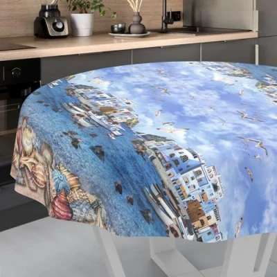 Image de ANRO Nappe en Toile cirée Lavable, pour Table de Jardin, extérieur et intérieur, Ronde, 140 cm, Bord coupé, Motif pêcheur