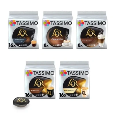 Image de Tassimo, Assortiment de 64 Dosettes Café L&#039;OR, Compatibles avec les machines, XL Classique/Intense, Espresso Fortissimo, Cappuccino, Latte Macchiato, Lot 5 packs