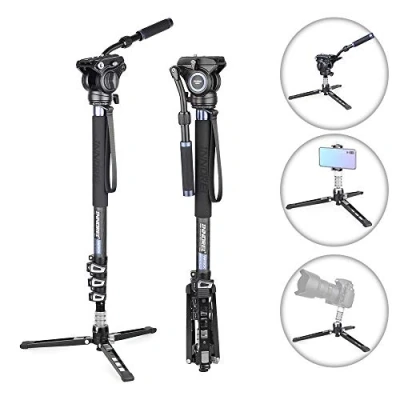 Image de Monopode en Fibre de Carbone, INNOREL VM70CK, Monopied Vidéo Professionnel pour Caméra Télescopique avec Tête Fluide et Base Tripode Support Détachable Pliable DSLR Caméscopes