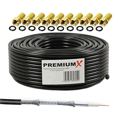 Image de Premium X 50m câble coaxial SAT d&#039;antenne noir 4 voies blindé pour 135dB DVB S / S2 C et T BK + 10x F Plug de haute qualité
