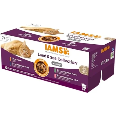 Image de IAMS Advanced Nutrition Nourriture Humide pour Chat à partir de 7 Ans Lot 48 sachets fraicheurs Recette Terre/Mer en Sauce sans OGM, colorants ni arômes artificiels x 85g