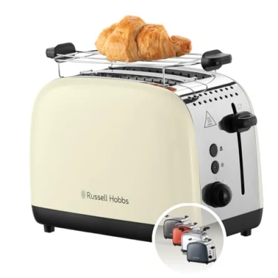 Image de Russell Hobbs Grille pain [Pour 2 tranches] Colours Plus Inox crème (fentes extra larges, 6 niveaux de brunissage rapide, surélévation et contrôle, décongélation, réchauffage, 1600 W) Toaster 26551 56