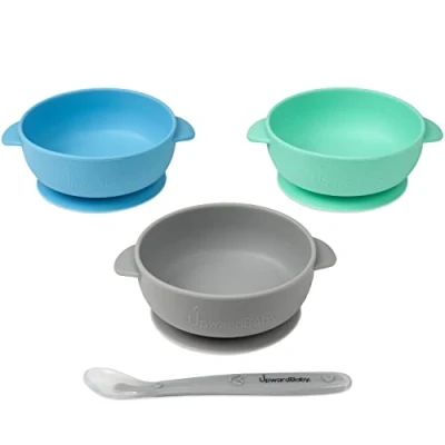 Image de UpwardBaby Bowls with Suction 4 Piece Silicone Set Spoon for Babies Kids Toddlers BPA Free Baby Led Weaning Food Plates First Stage Self Feeding Utensils