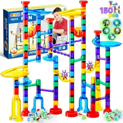 Image de JOYIN Circuits de Billes, 150pcs Labyrinthe Billes Marble Run, Jouets Construction Blocs, Jouet d&#039;apprentissage STEM, Educatif (100 Pièces en Plastique Translucide + 50 Verre)
