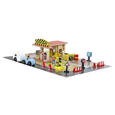 Image de Jeujura Station Service 80 pièces Bois Naturel et teinté Un Tapis Nombreux Accessoires Jeu de Construction Âge Minimum : 3 Ans, 8221, Multicolore, Petit