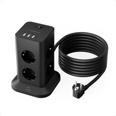 Image de TESSAN Tour Multiprise 8 Sorties AC avec 4 USB, Parafoudre et Surtension Interrupteur Rallonge Electrique 5 Mètre, Prise Multiple 3600W, Adaptateur Secteur pour Cuisine, Bureau, Noir
