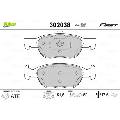 Image de VALEO 302038 Jeu de plaquettes frein FIRST Essieu avant contact signal d&#039;usure exclu sans tôle anti bruit FIAT: Punto II 3/5 portes