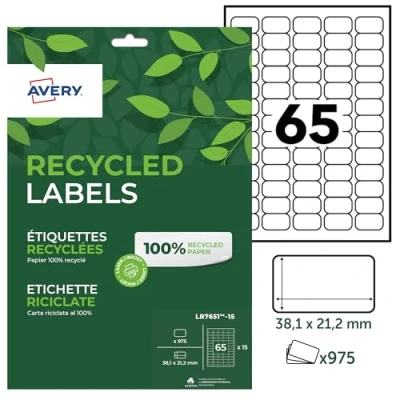 Image de AVERY 975 Étiquettes Autocollantes Blanches Personnalisables 100% Recyclées Format 38,1 x 21,2 mm Impression Laser et Jet d&#039;Encre