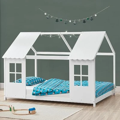 Image de [en.casa] Lit Cabane avec Fenêtres et Toit Enfant Forme Maison Design Sommier à Lattes pour Chambre d&#039;enfant en Bois de Pin Contreplaqué 90 x 200 cm Blanc