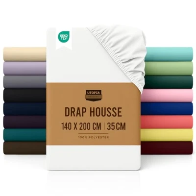 Image de Utopia Bedding Drap Housse Blanc, 140 x 200 cm Coupes de 35 pour Matelas épais Polyester Microfibre brossée