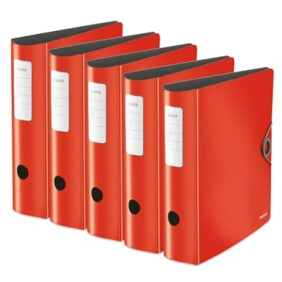 Image de Leitz WOW Série 10471020 Lot de 5 classeurs qualité à 180 avec dos arrondi, fermeture élastique, polyfoam léger, format A4, largeur 8,2 cm, rouge