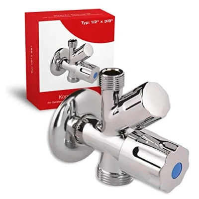 Image de 170017 Robinet d&#039;équerre combiné En chrome Filetage : 1/2 x 3/8 3/4&quot; Avec rosace murale, clapet anti retour et raccord de connexion machine laiton