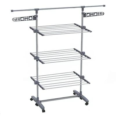 Image de vounot Séchoir à Linge Tour 3 Niveaux Ailes Pliables en Acier Inoxydable avec 6 Roues Grande Capacité Ultra Stable Étendoir 22 Mètres d’Étendage pour Usage Intérieur/Extérieur