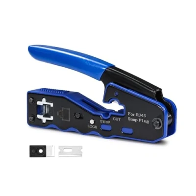 Image de Outil à sertir RJ45 Ethernet de sertissage tout en un Pince dénuder pour passer travers les connecteurs Cat6 Cat5e avec lames rechange, bleu
