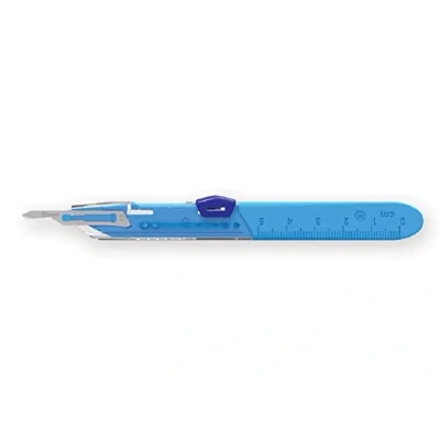 Image de Gima Bistouris de sécurité en acier inoxydable, couvre lame autobloquant, manche gradué, stérile et jetable, taille n. 15, 10 scalpels emballés individuellement.