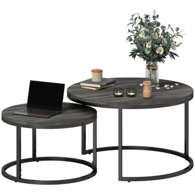 Image de Lot de 2 tables basses gigognes HOMCOM empilable design industriel plateau imitation ciment pieds en métal noir