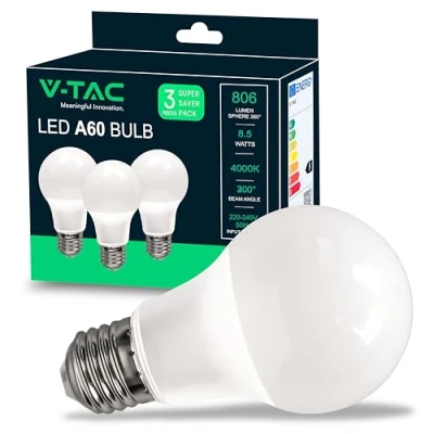 Image de V TAC 3x Ampoules Led E27 8,5W (équivalent 60W) A60 806 Lumen 4000K Blanc Neutre Ouverture du faisceau lumineux 200 Ampoule Efficacité Maximale et Économie d&#039;Énergie (Lot de 3)