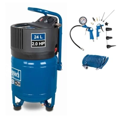 Image de Scheppach Compresseur Vertical HC24V 1500W Compact Cuve de 24L Pression 10 bar Admission d&#039;air 180L/min Sans huile &amp; Peu d&#039;Entretien (incl. 13 pièces d&#039;accessoires et m tuyau)