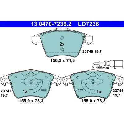 Image de ATE 13.0470 7236.2 Jeu de plaquettes frein contact signal d&#039;usure inclus VOLKSWAGEN: Transporter 5, 6, 5 Bus