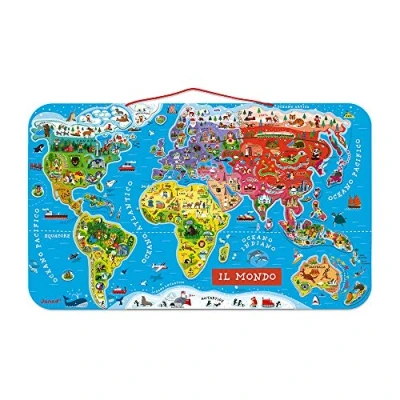Image de Janod Puzzle Carte du Monde Magnétique en Bois 92 Pièces Aimantées 70 x 43 cm Version Italienne Jeu éducatif dès 7 ans, J05513