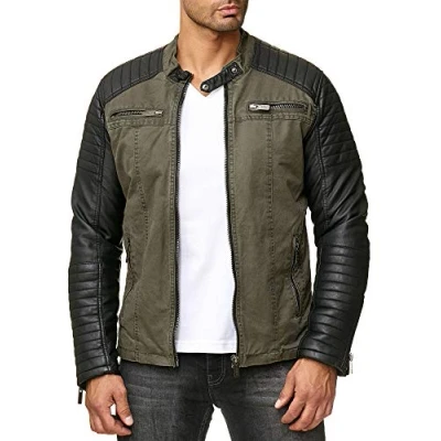 Image de Red Bridge Hommes Veste Similicuir Biker Occasionnels Nervuré Mode Coton Blouson,M6070 Kaki,XL