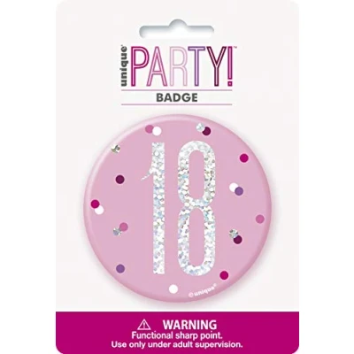 Image de Unique Party 83530 Badge 18e Anniversaire 7,5 cm Fête d&#039;Anniversaire à thème Rose et Argent Glitz