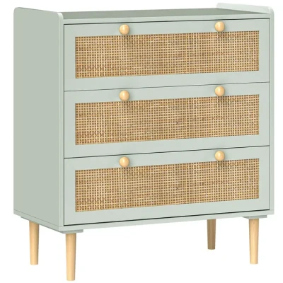Image de Commode design bohème en rotin HOMCOM 3 tiroirs meuble de rangement bleu clair