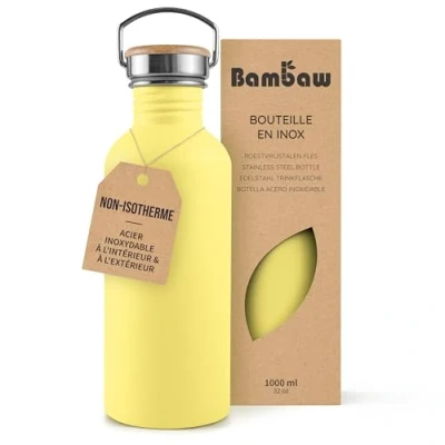 Image de Bambaw Gourde Inox 1l, Bouteille d&#039;Eau Jaune, Reutilisable Non Isotherme, Sport 1 Litre, Metal 1l Jaune Impérial