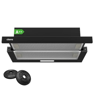 Image de CIARRA CBCB6906D Hotte Tiroir Classe A++ de Cuisine Encastrable 60cm 370m3/h Aspirante Integrée 2 Vitesses Éclairage LED Evacuation et Recyclage Filtres Charbon Inclus Noir