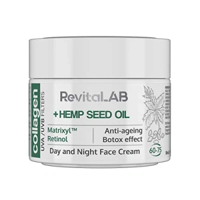 Image de RevitaLAB Crème de jour et nuit au collagène hydratante anti âge, enrichie en acide hyaluronique, Matrixyl® 3000 filtre à rayons UVA/UVB, pour personnes 60 75 ans, 50 ml
