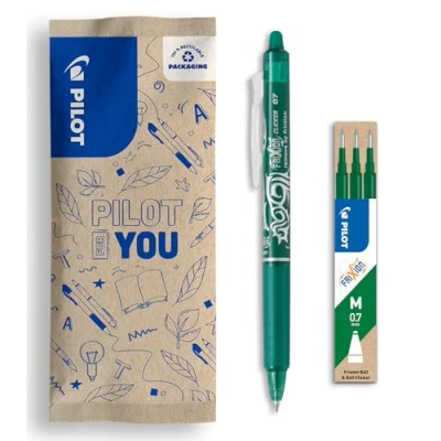 Image de PILOT Lot de 1 Frixion Ball Clicker + Set 3 recharges Stylo rétractable effaçable à encre thermosensible roller rechargeable et ergonomique Vert Pointe moyenne